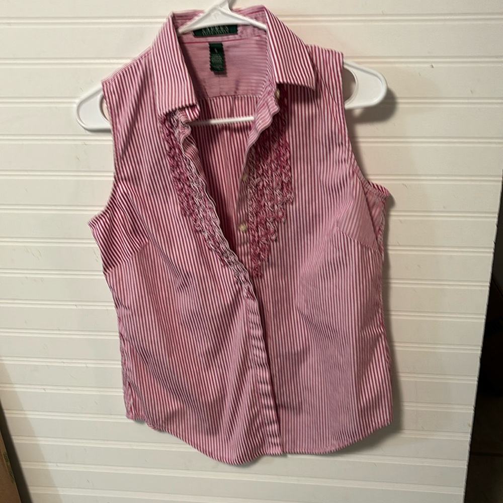 Ralph Lauren Striped Shirt with Ribbon detail and in Pink Stripe. Size 6